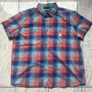 Carhartt Mens Red/Blue Short Sleeve ButtonUp Plaid Shirt Logo W/Pocket Relax 2XL